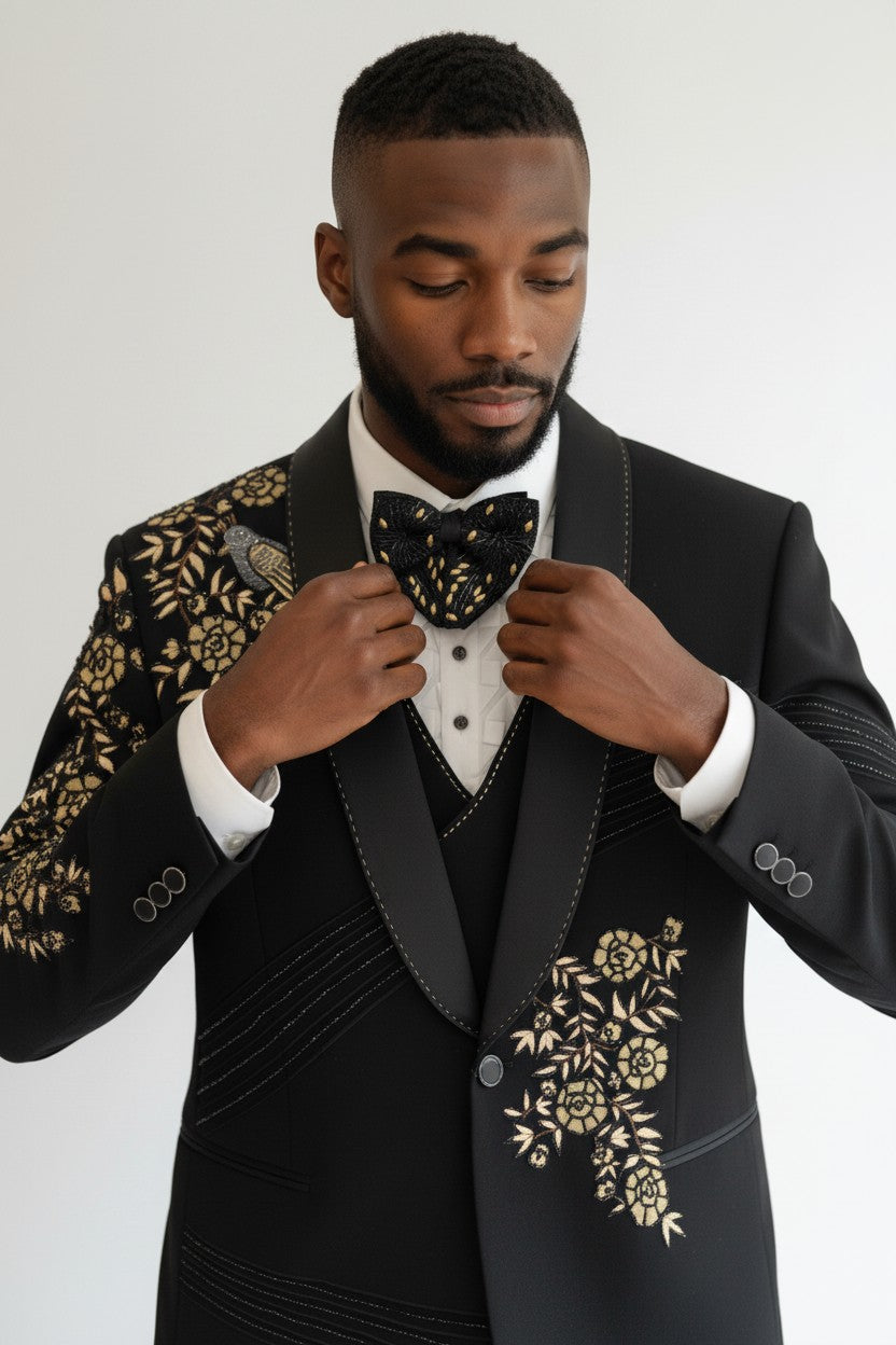 Men’s Luxury Black Suit with Gold Floral Embroidery