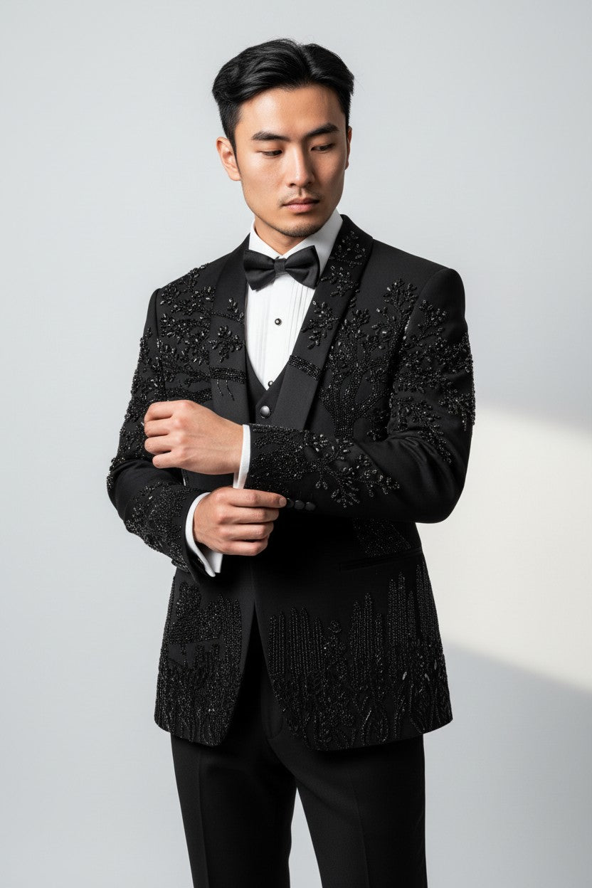 Men’s Luxury Midnight Black Tuxedo with Embellished Detailing