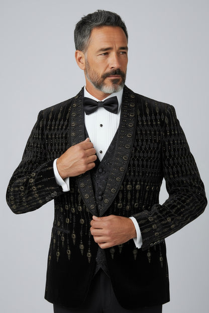 Men's Luxury Black & Gold Velvet 3-Piece Suit - Precision Tailoring with Regal Embroidery