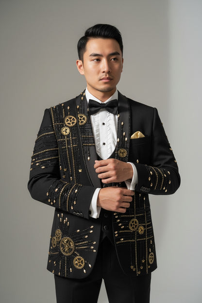 Men’s Luxury Black Suit with Golden Gear Embroidery