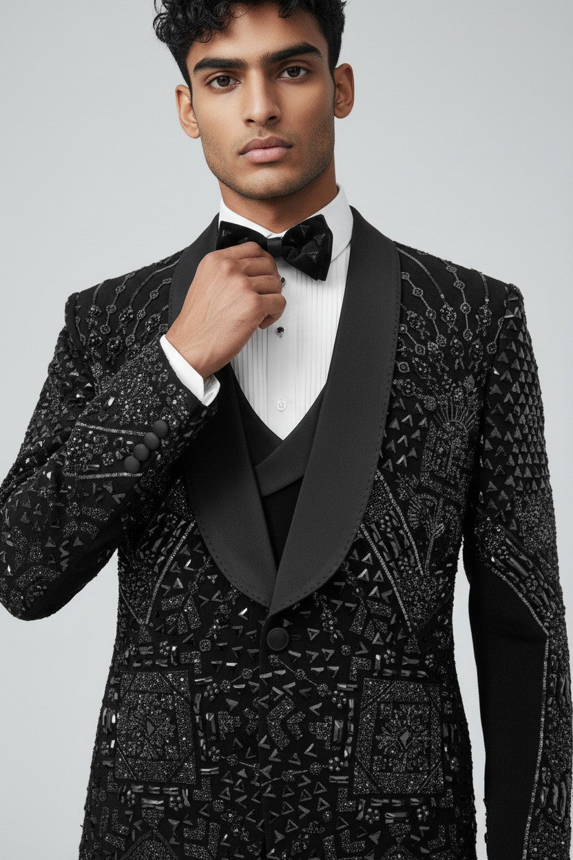 Men’s Black Geometric Crystal-Embroidered Tuxedo with Satin Shawl Lapel – Luxe Formal Wear