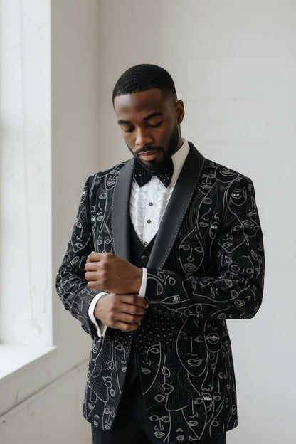 Black Abstract Line-Art Embroidered Suit with Satin Lapels – Premium Formalwear