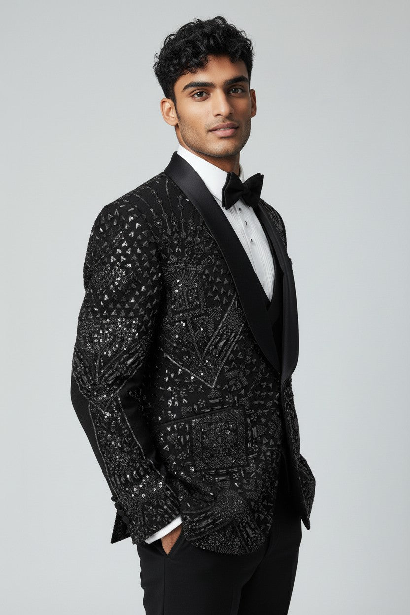 Men’s Black Geometric Crystal-Embroidered Tuxedo with Satin Shawl Lapel – Luxe Formal Wear