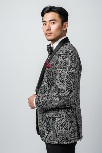 Men’s Black & Silver Embroidered Suit – Intricate Detail, Luxury Formal Jacket