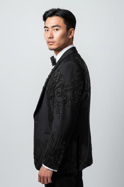 Men’s Luxury Midnight Black Tuxedo with Embellished Detailing