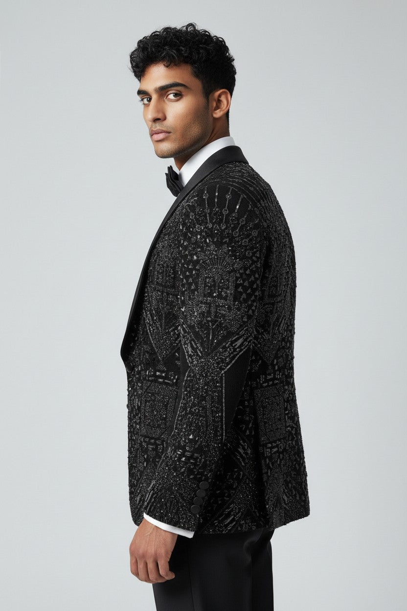 Men’s Black Geometric Crystal-Embroidered Tuxedo with Satin Shawl Lapel – Luxe Formal Wear