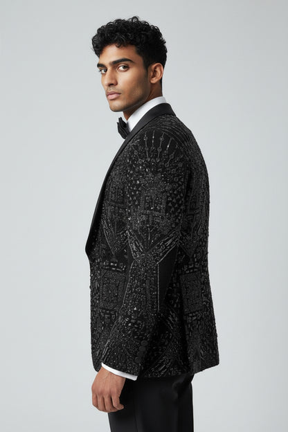 Men’s Black Geometric Crystal-Embroidered Tuxedo with Satin Shawl Lapel – Luxe Formal Wear