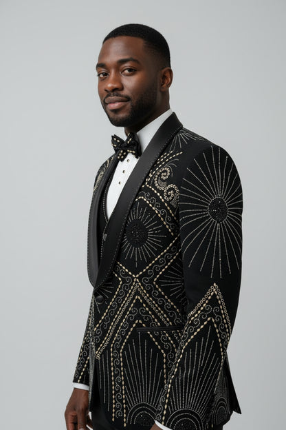 Men's Luxury Black Suit with Golden Gear Embellishments