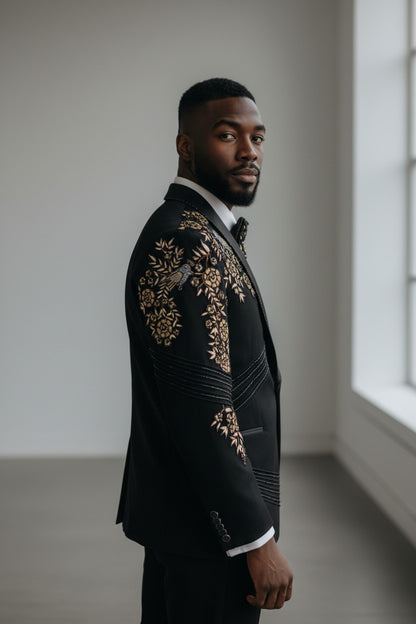 Men’s Luxury Black Suit with Gold Floral Embroidery