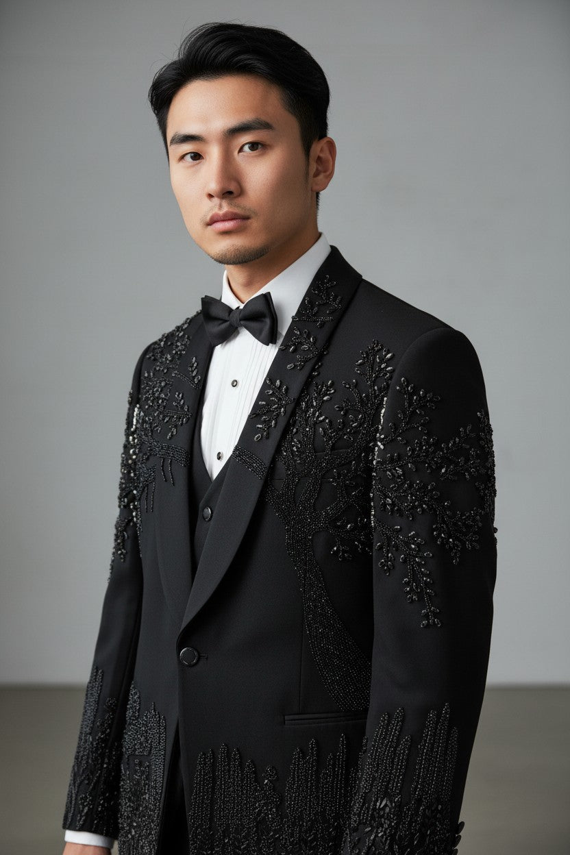 Men’s Luxury Midnight Black Tuxedo with Embellished Detailing