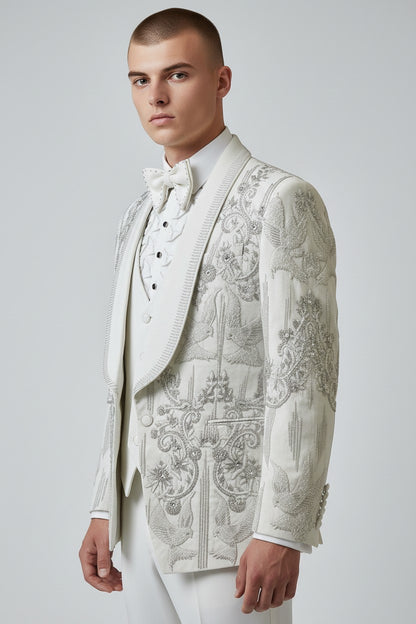 Men’s White Embroidered Tuxedo with Silver Detailing & Satin Lapel – Royal Luxury Wedding Suit
