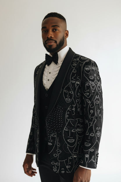 Black Abstract Line-Art Embroidered Suit with Satin Lapels – Premium Formalwear