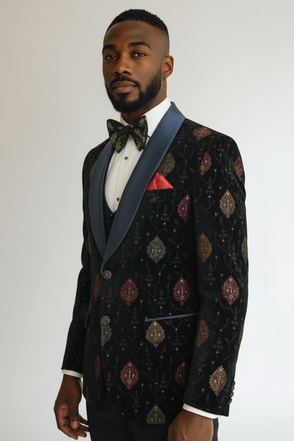 Blazer luxueux en velours bleu marine brodé pour homme avec revers en satin