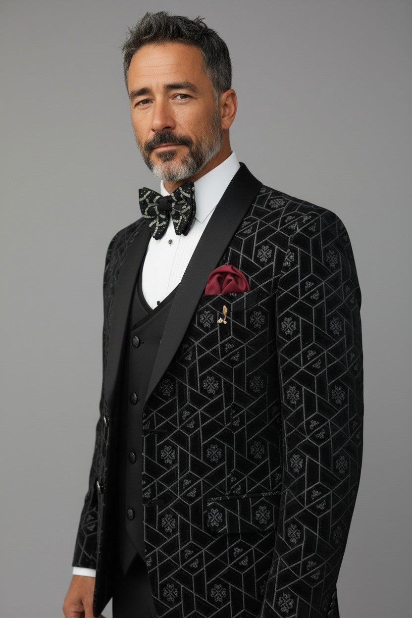 Men’s Black Velvet Suit with Geometric Design – Luxury Formal Attire
