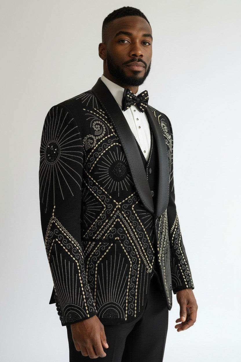 Men's Luxury Black Suit with Golden Gear Embellishments