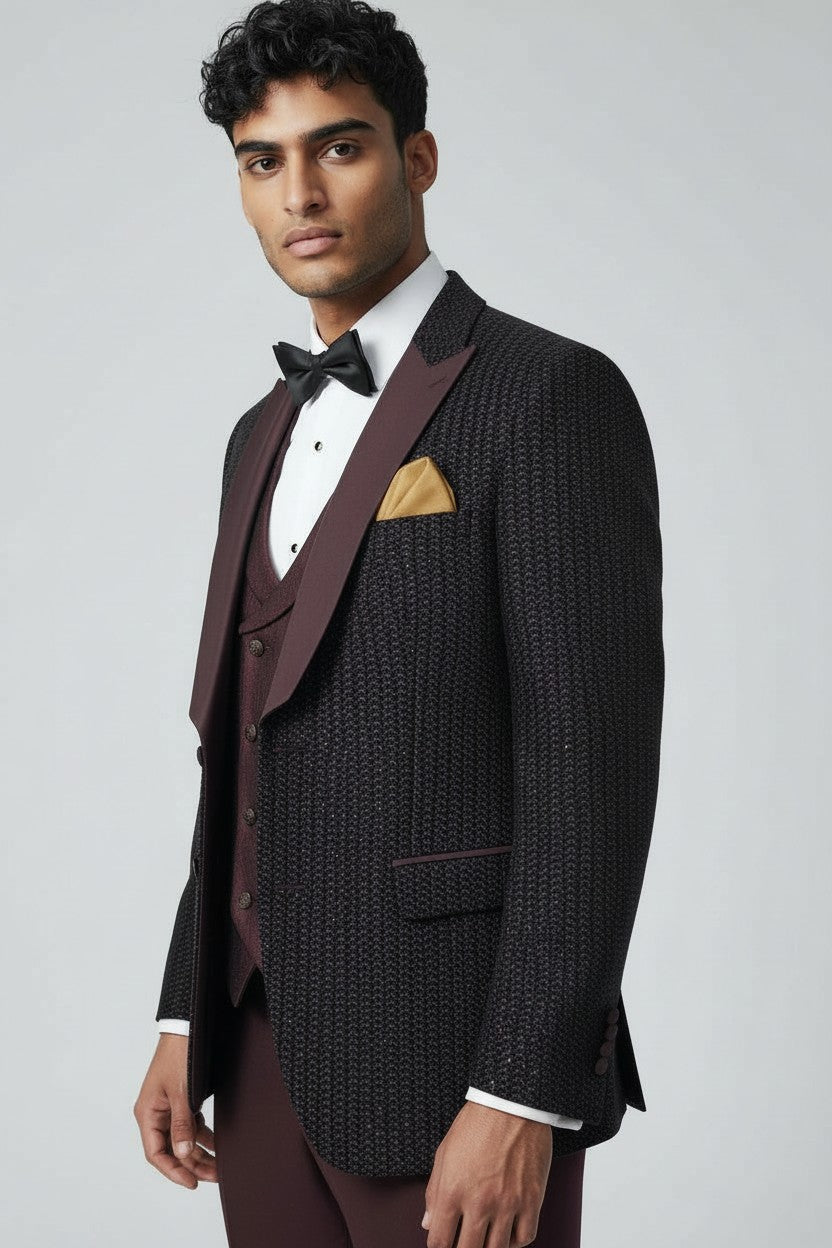 Blazer élégant marron texturé pour homme avec revers en satin | Vêtements de cérémonie haut de gamme