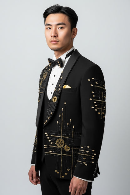 Men’s Luxury Black Suit with Golden Gear Embroidery
