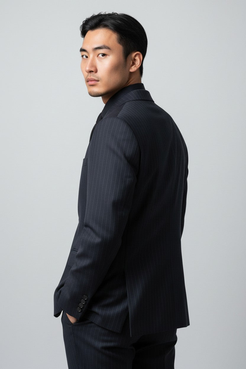 Men’s Navy Pinstripe Double-Breasted Suit – Modern Fit Formal Wear