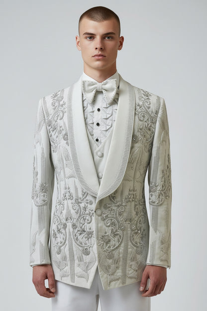 Men’s White Embroidered Tuxedo with Silver Detailing & Satin Lapel – Royal Luxury Wedding Suit