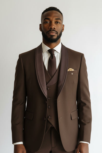 Men’s Brown Shawl Lapel 3-Piece Suit – Modern Fit Formal Wear