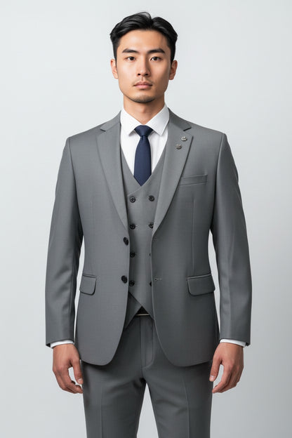 Men’s Classic Grey 3-Piece Suit – Modern Fit Business & Formal Wear