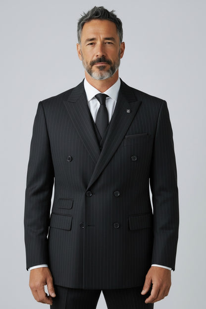 Men’s Black Pinstripe Double-Breasted Suit – Modern Fit Formal Wear