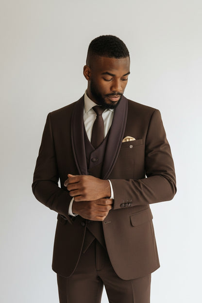 Men’s Brown Shawl Lapel 3-Piece Suit – Modern Fit Formal Wear
