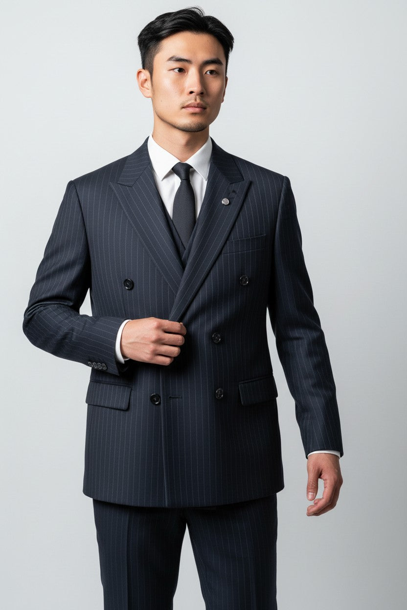 Men’s Navy Pinstripe Double-Breasted Suit – Modern Fit Formal Wear