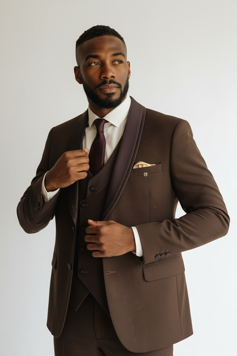 Men’s Brown Shawl Lapel 3-Piece Suit – Modern Fit Formal Wear