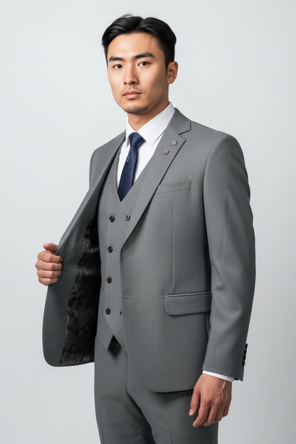 Men’s Classic Grey 3-Piece Suit – Modern Fit Business & Formal Wear
