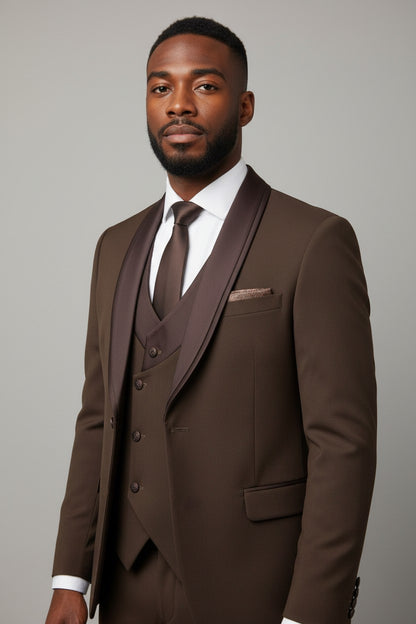 Men’s Brown Shawl Lapel 3-Piece Suit – Modern Fit Formal Wear