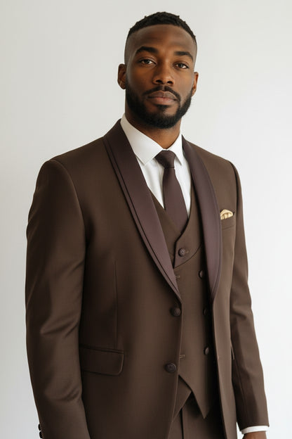 Men’s Brown Shawl Lapel 3-Piece Suit – Modern Fit Formal Wear