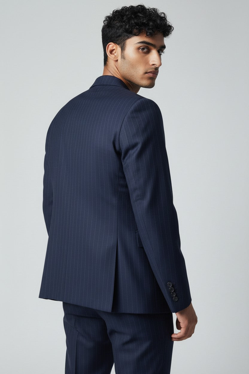 Men’s Navy Pinstripe 3-Piece Suit – Tailored Fit with Double-Breasted Vest