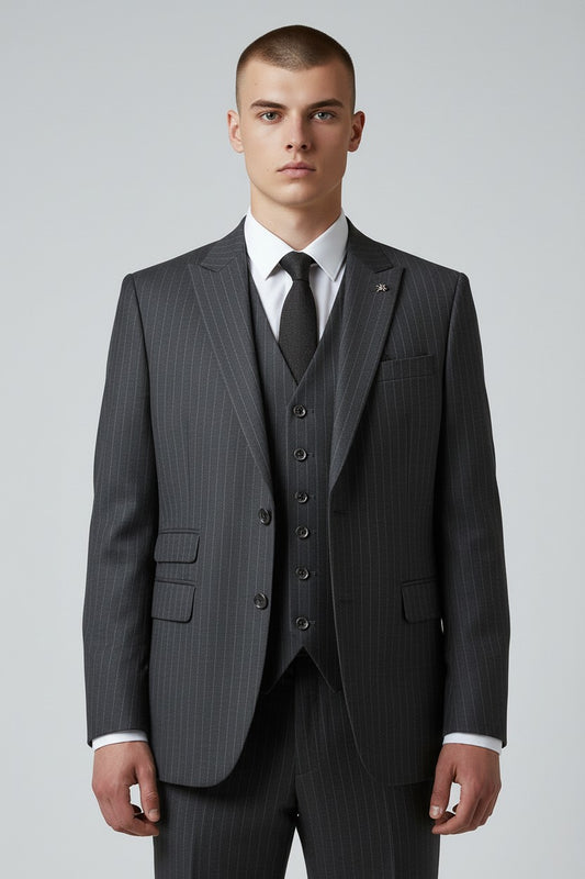 Men’s Charcoal Pinstripe 3-Piece Suit – Modern Fit Business Wear