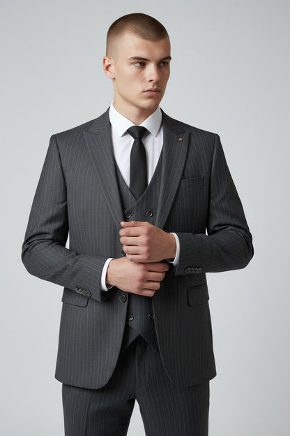 Men’s Charcoal Pinstripe 3-Piece Suit – Modern Fit Business Wear