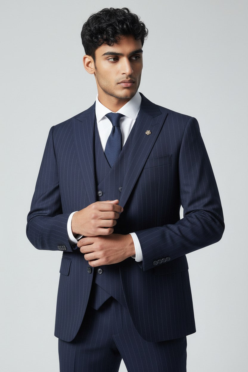 Men’s Navy Pinstripe 3-Piece Suit – Tailored Fit with Double-Breasted Vest