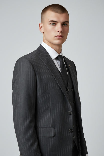 Men’s Charcoal Pinstripe 3-Piece Suit – Modern Fit Business Wear
