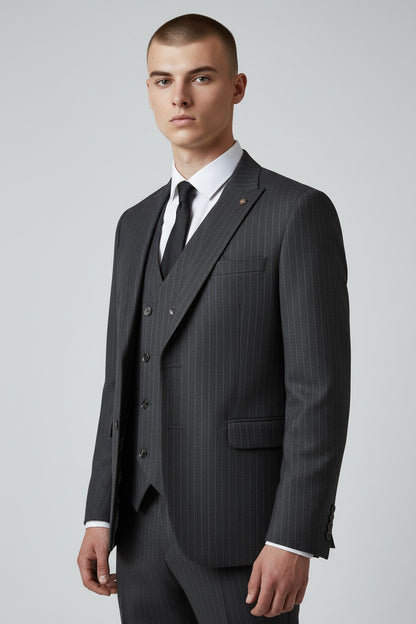 Men’s Charcoal Pinstripe 3-Piece Suit – Modern Fit Business Wear