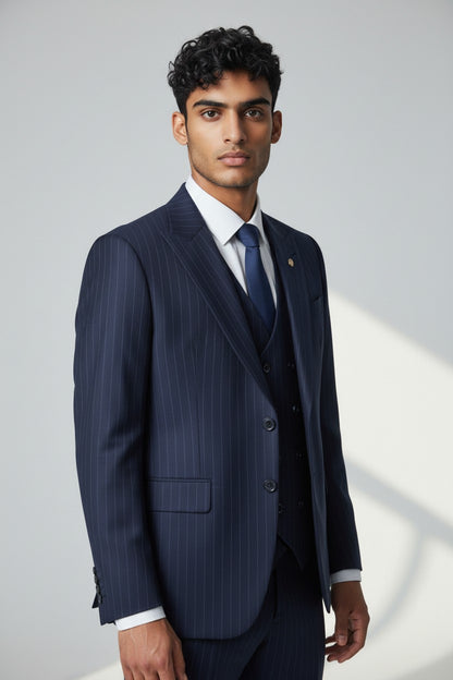Men’s Navy Pinstripe 3-Piece Suit – Tailored Fit with Double-Breasted Vest
