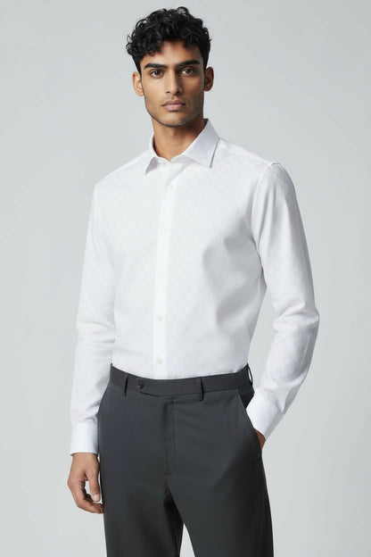 Men’s White Textured Formal Shirt – Subtle Checks with Modern Sophistication