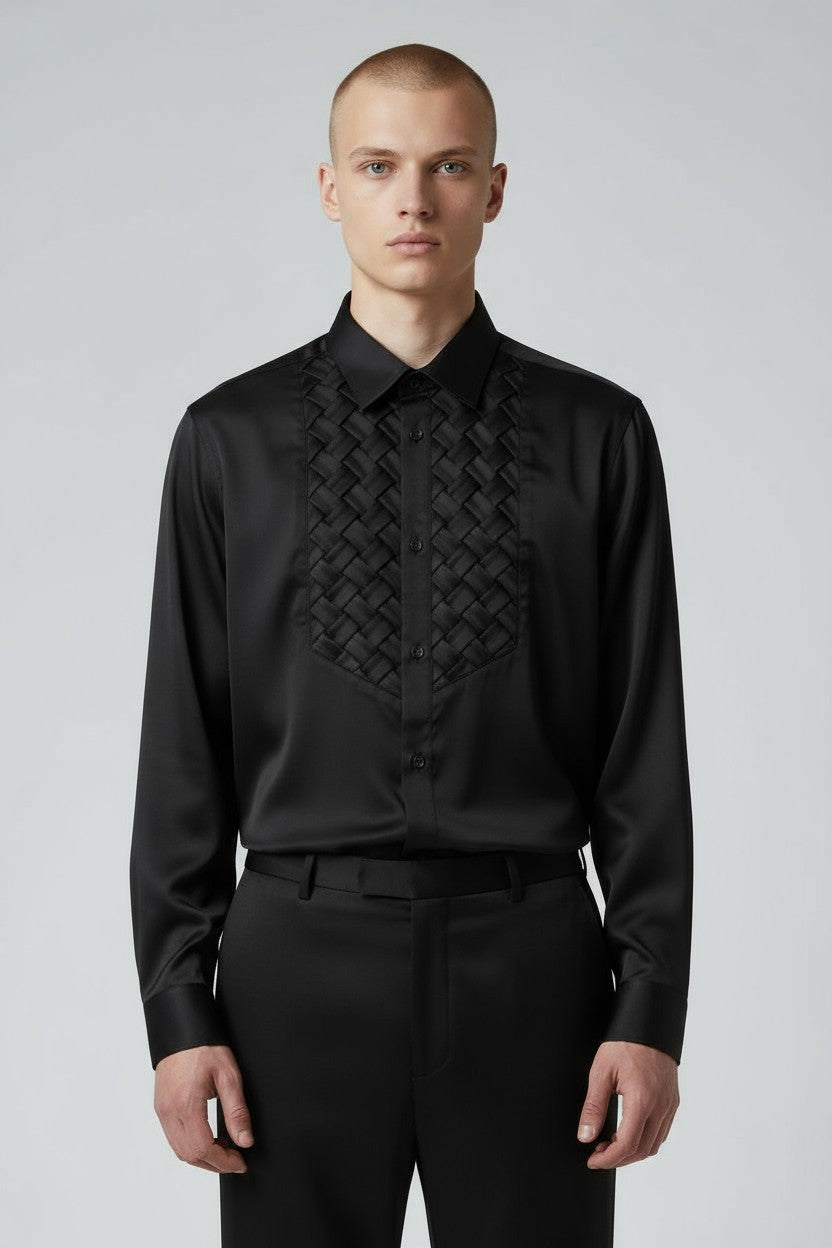 Men’s Black Tuxedo Dress Shirt – Slim Fit Satin Weave Formal Shirt