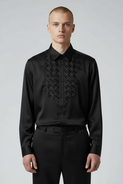 Men’s Black Tuxedo Dress Shirt – Slim Fit Satin Weave Formal Shirt