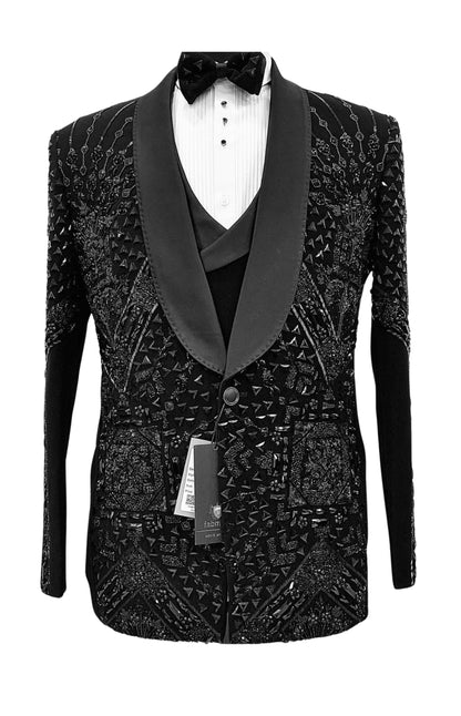 Men’s Black Geometric Crystal-Embroidered Tuxedo with Satin Shawl Lapel – Luxe Formal Wear