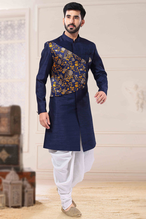 Weaved Thread Work Sangeet Men Sherwani in Navy Blue Art Silk