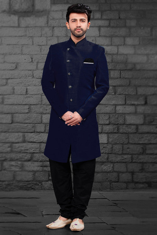 Navy Blue Art Silk Men Sherwani With Churidar