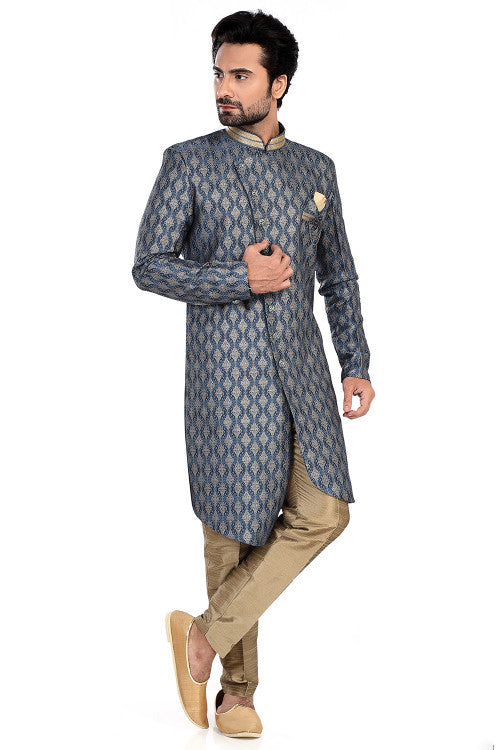 Navy Blue Jacquard Weaved Thread Indo Western Men's Sherwani