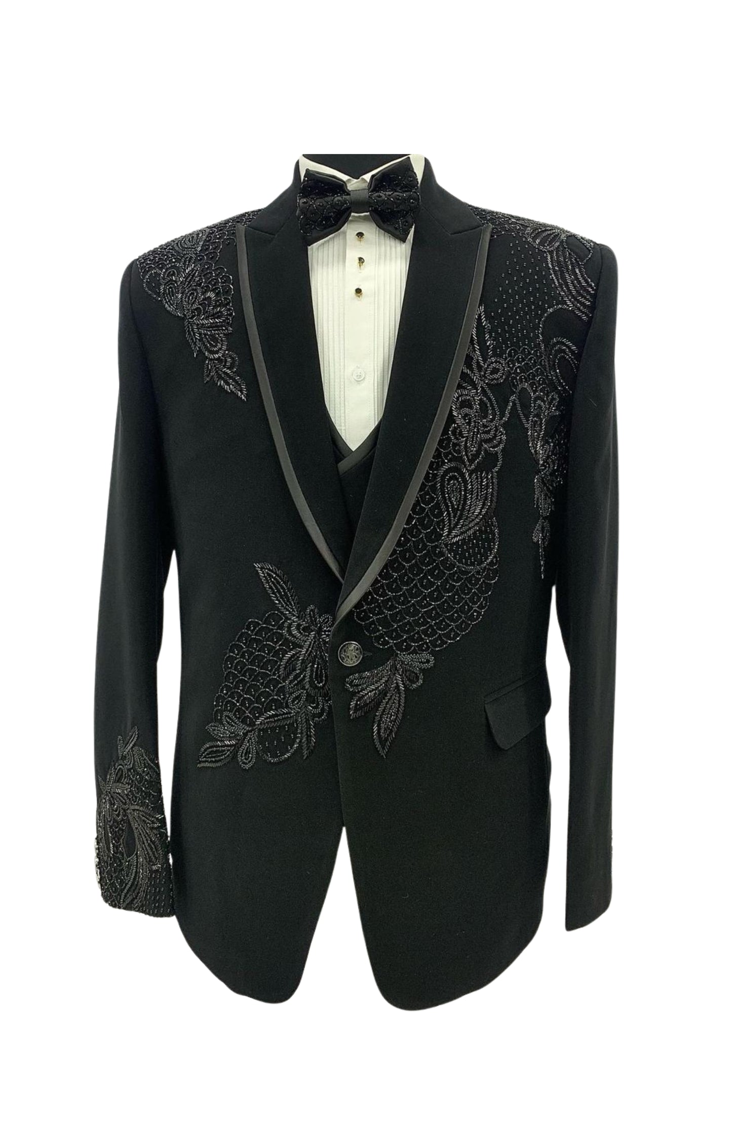 Men’s Black Embroidered Tuxedo – Elegant Formalwear for Weddings & Parties