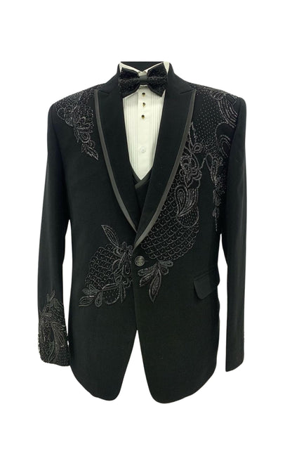 Men’s Black Embroidered Tuxedo – Elegant Formalwear for Weddings & Parties