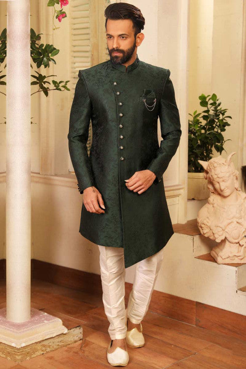 Pakistani Designer Bottle Green Jacquard Silk Sherwani