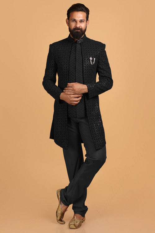 Black Georgette Embroidered Men Jacket Style Sherwani